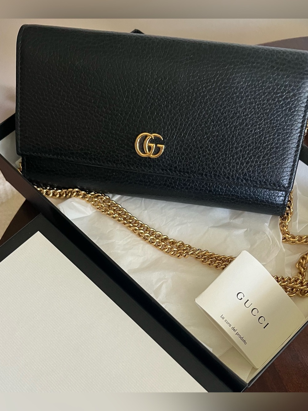 GUCCI Authentic Calfskin leather black and gold wallet on a chain clutch w/ box - Picture 7 of 7